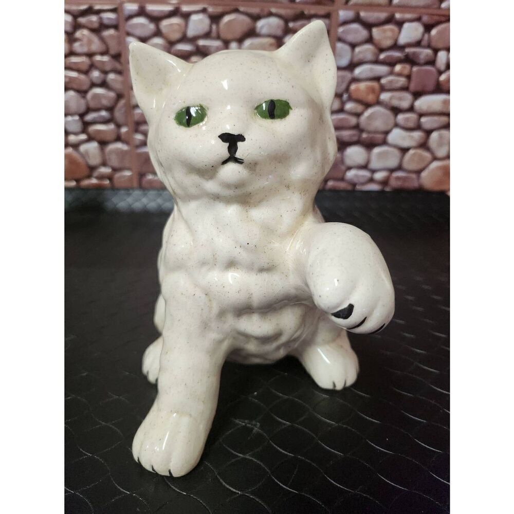Vintage 8” Ceramic Cat White With Paw Up Figure